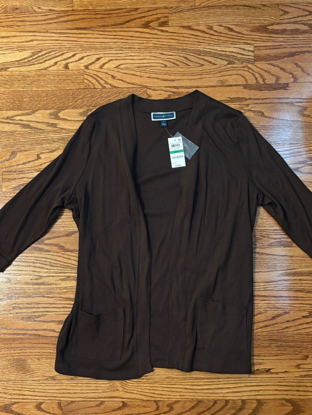 Karen Scott Open Front Longline Cardigan brown Large NWT